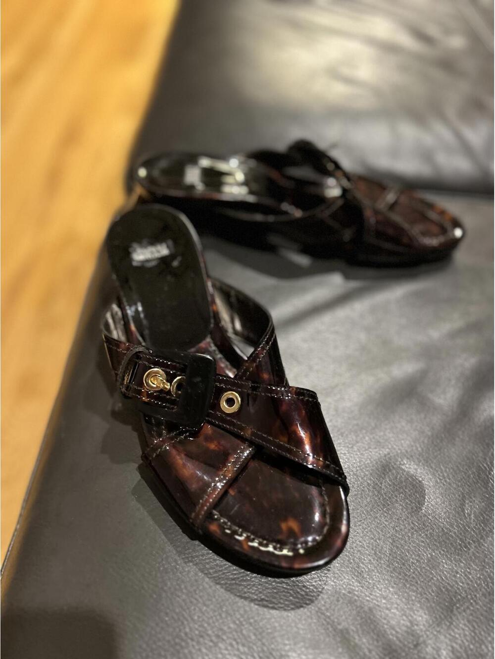 Stuart Weitzman Tulsa Cognac Tartaruga Sandal Patent Leather